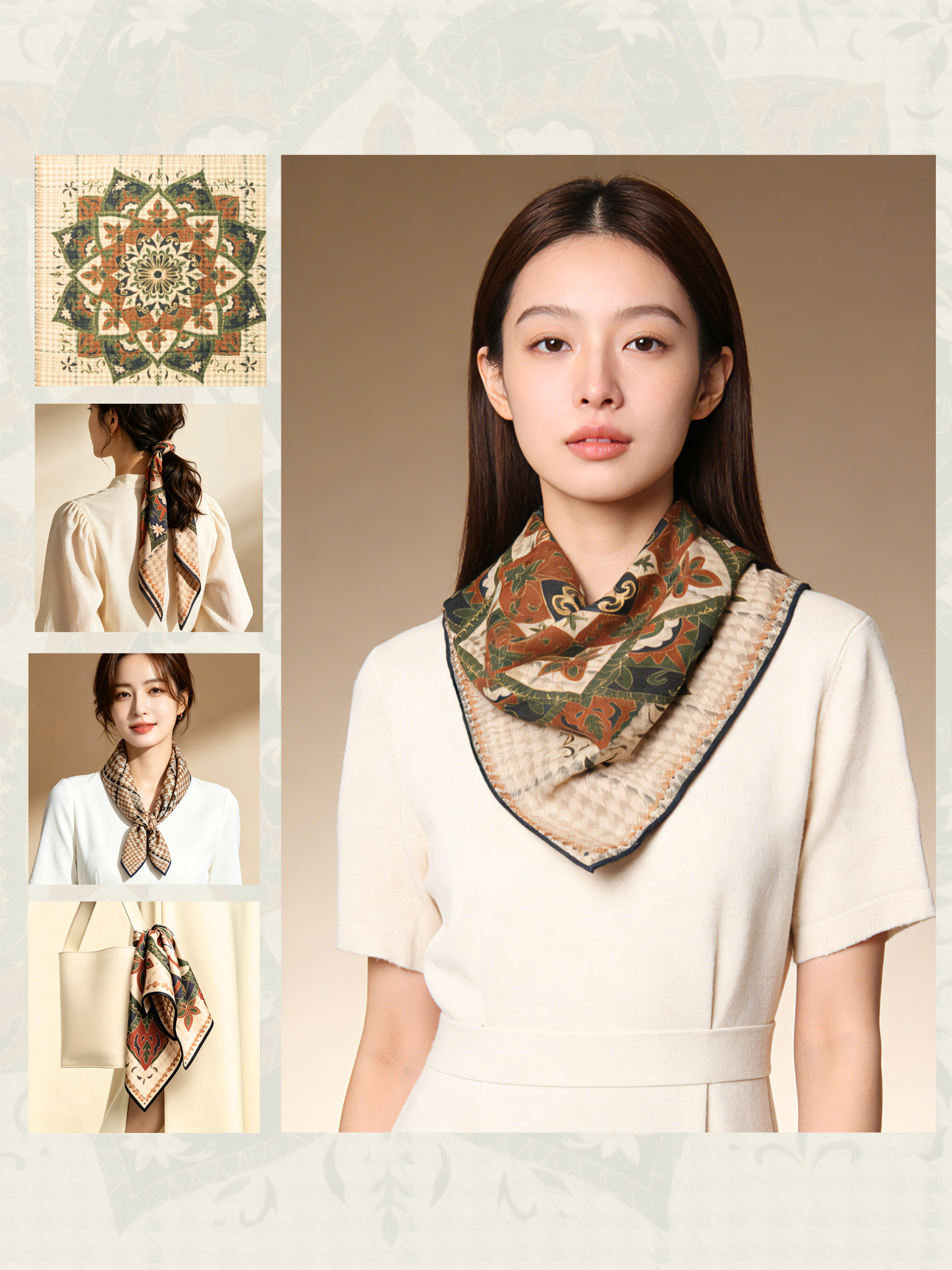 庭光雅韻｜薄手ウールスクエアスカーフ｜Garden Elegance | Lightweight Wool Square Scarf